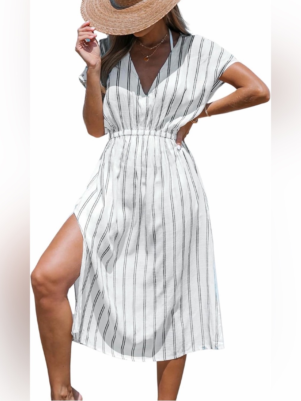 NWT Cupshe White Midi Dress with Black Vertical Stripes Coverup, XS